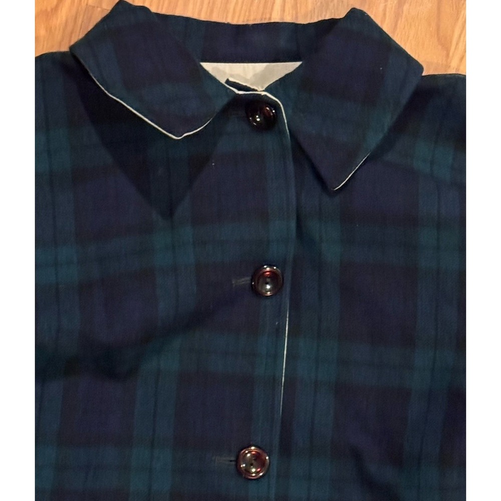 Vintage Tartan Plaid Wool Cape Trench Coat Reversible Tan Canvas Old Money Glam - Picture 3 of 5